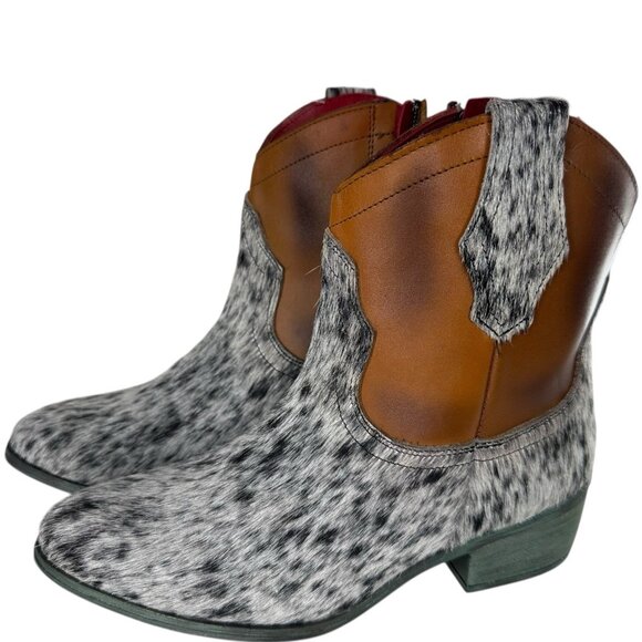 Alcala's Shoes - Alcala's Johnny Black Brown Cow Hair-On-Hide 100% Leather Cowboy Boots Size 7.5